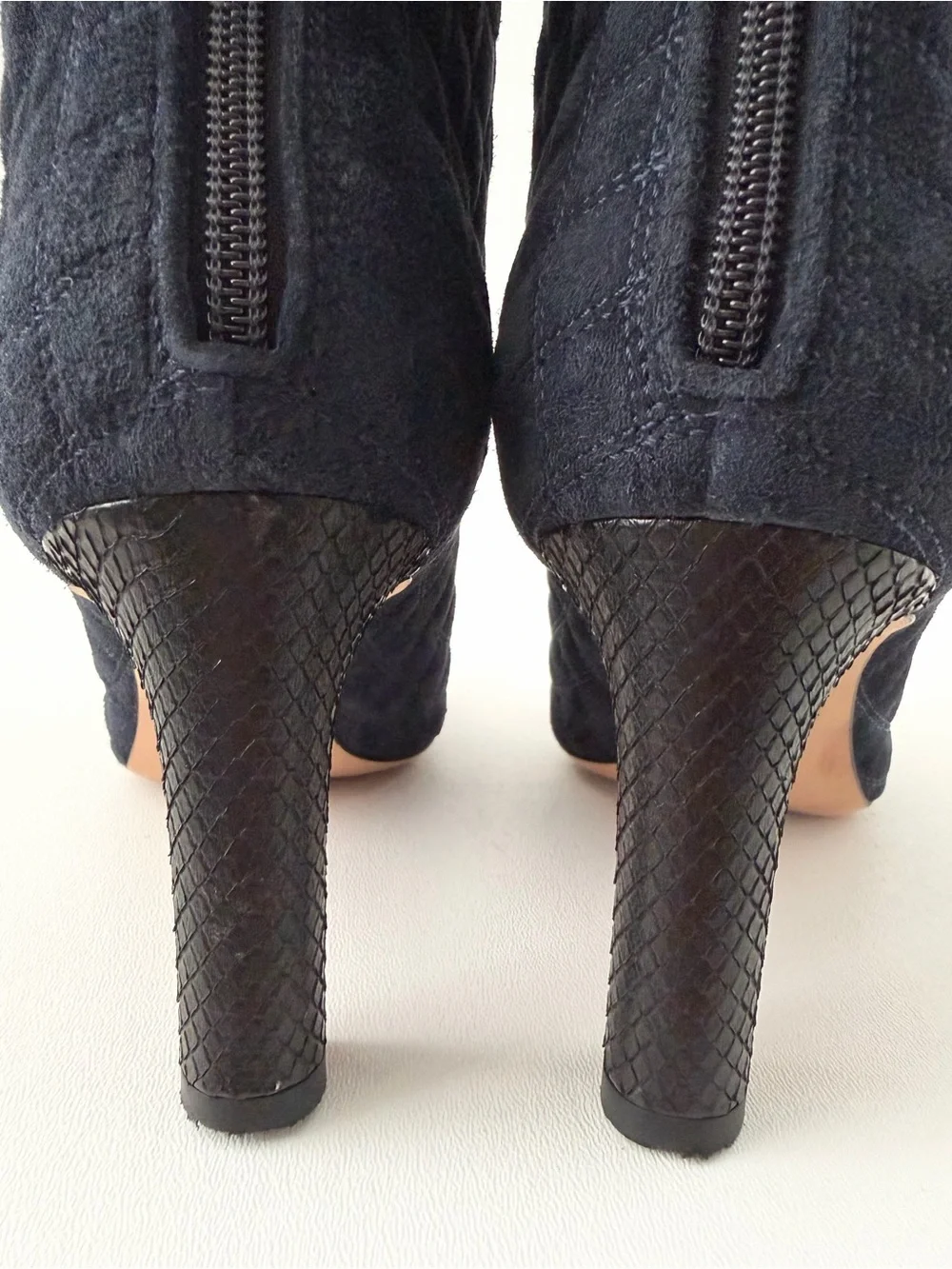 CHANEL | Quilted Suede CC Python Cap Toe Camellia Navy Black Booties EU 37.5